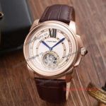 High Quality Replica Cartier Mens Tourbillon Watch-White Dial with Brown Leather Band